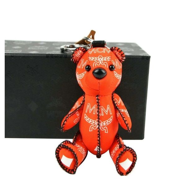 MCM Women's Orange Nylon Bear Charm With Key Ring And White Logo Print - Picture 4 of 6